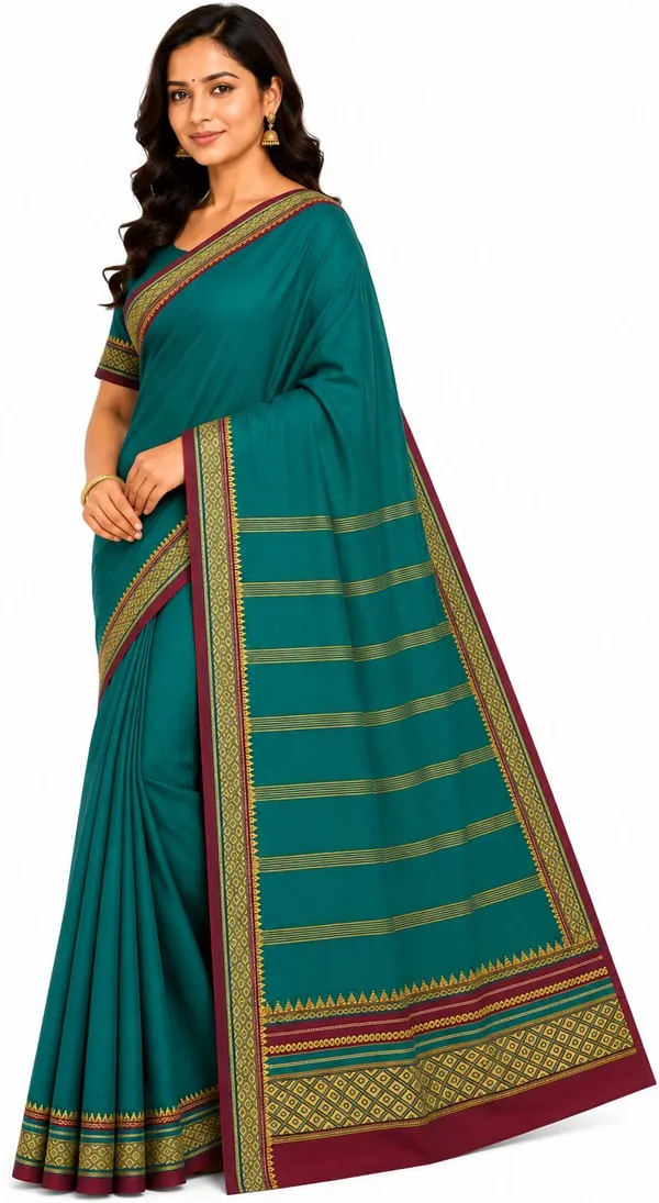 Green_Pure_Cotton_Striped_Temple_Border_Maheshwari_Saree_For_Women