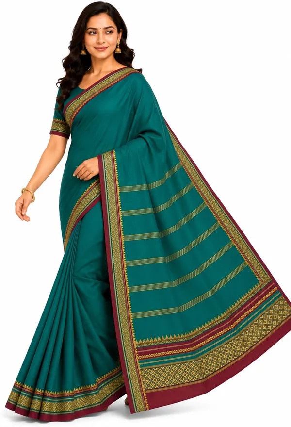 Green_Pure_Cotton_Striped_Temple_Border_Maheshwari_Saree_For_Women