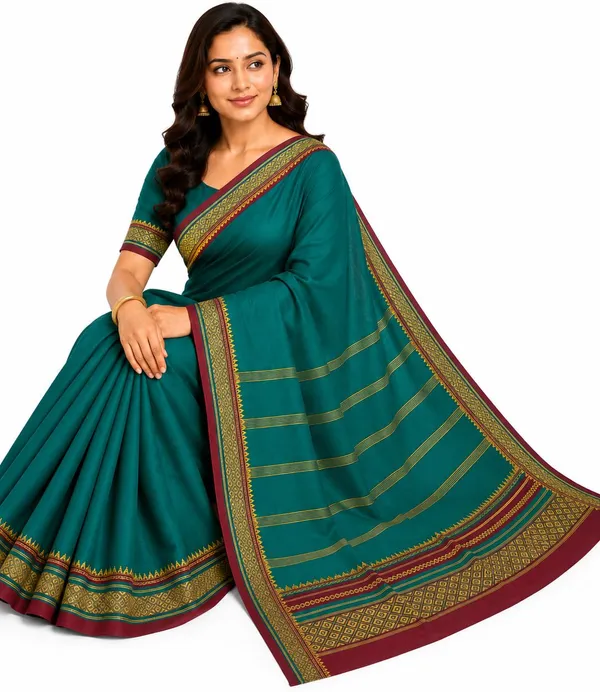 Green_Pure_Cotton_Striped_Temple_Border_Maheshwari_Saree_For_Women