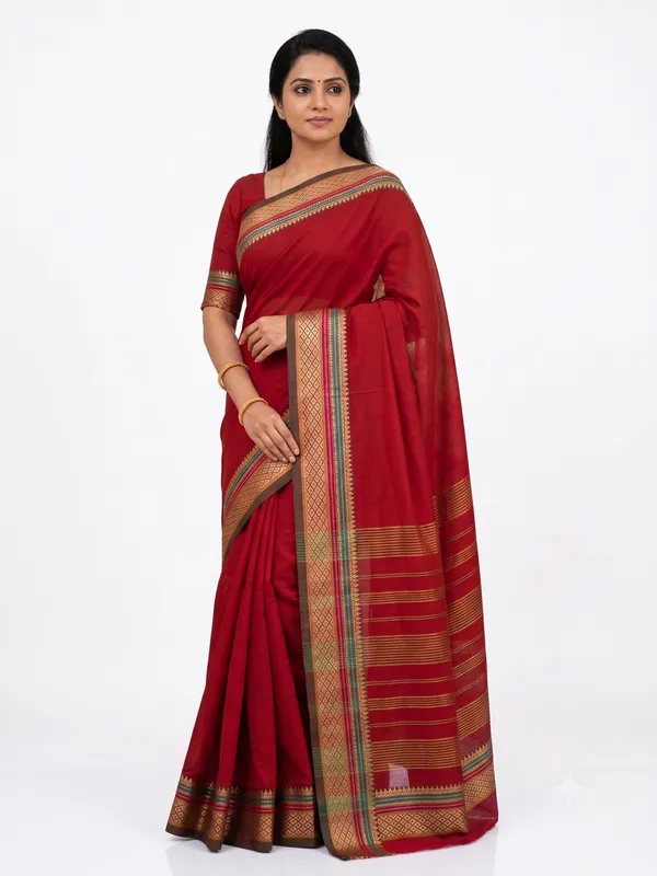 Red_Pure_Cotton_Temple_Border_Maheshwari_Saree_For_Women