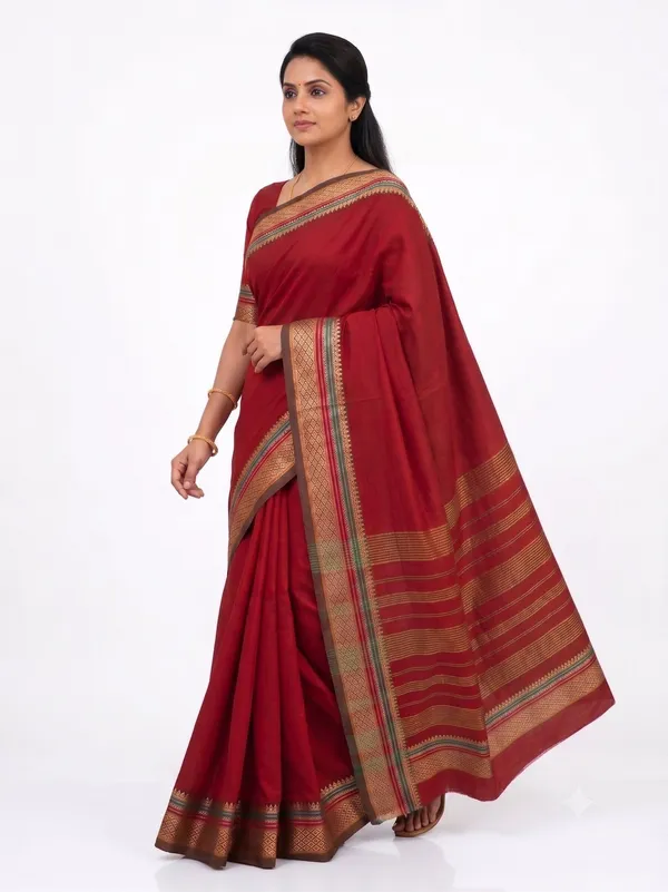 Red_Pure_Cotton_Temple_Border_Maheshwari_Saree_For_Women