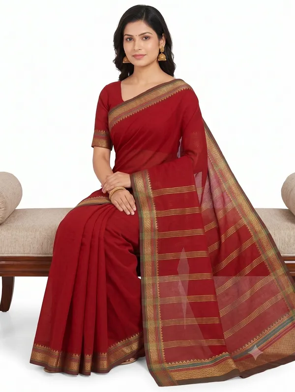 Red_Pure_Cotton_Temple_Border_Maheshwari_Saree_For_Women
