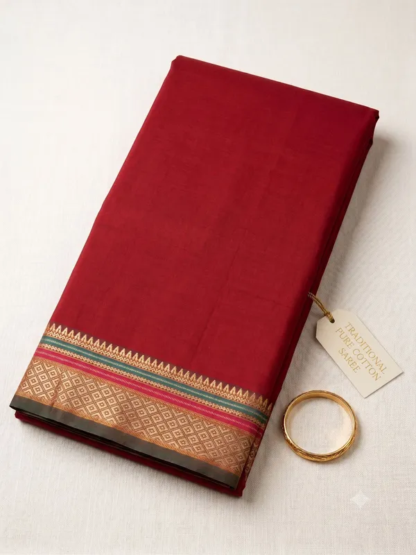 Red_Pure_Cotton_Temple_Border_Maheshwari_Saree_For_Women