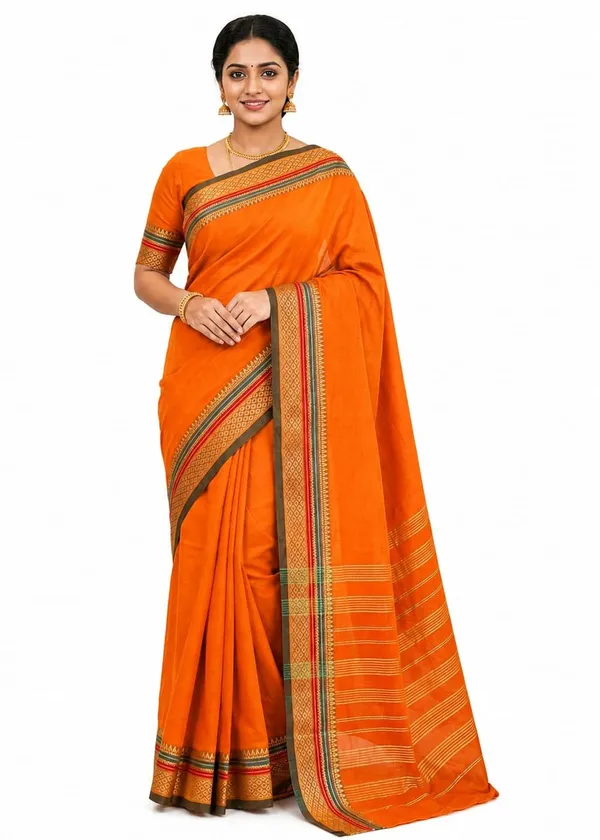 Orange_Pure_Cotton_Temple_Border_Maheshwari_Zari_Saree_For_Women