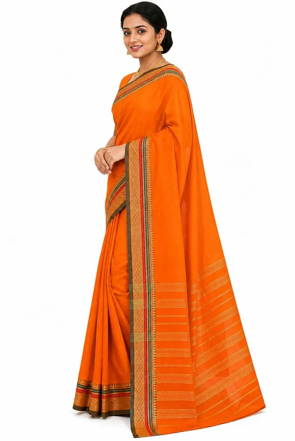 Orange_Pure_Cotton_Temple_Border_Maheshwari_Zari_Saree_For_Women
