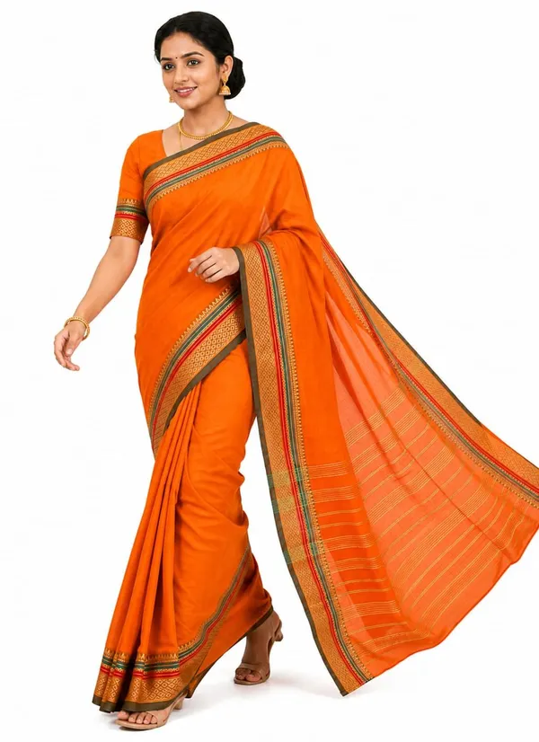 Orange_Pure_Cotton_Temple_Border_Maheshwari_Zari_Saree_For_Women