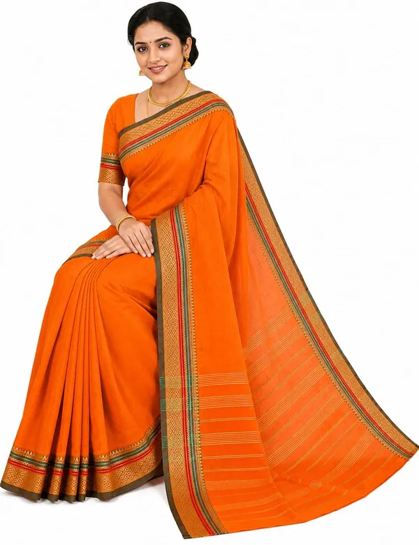 Orange_Pure_Cotton_Temple_Border_Maheshwari_Zari_Saree_For_Women