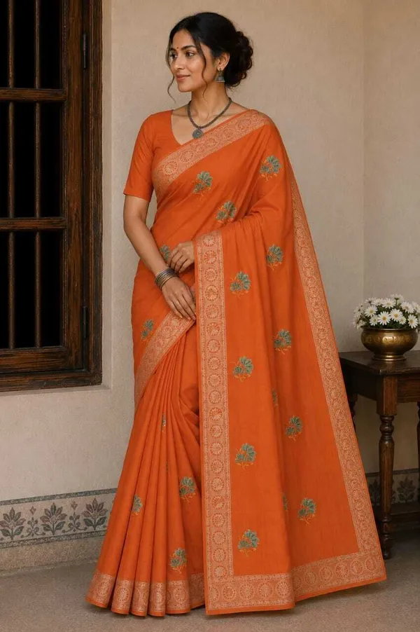 Raamiva_Embroidered,_Woven_Daily_Wear_Pure_Cotton_Saree_(Orange)