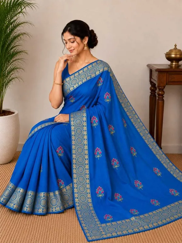 Raamiva_Embroidered,_Woven_Daily_Wear_Pure_Cotton_Saree_(Blue)