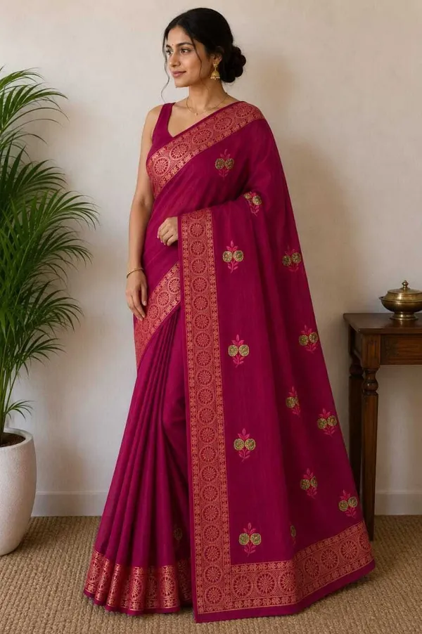 Maroon_Pure_Cotton_Floral_Embroidered_Zari_Border_Saree_For_Women