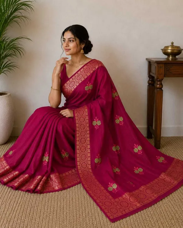 Maroon_Pure_Cotton_Floral_Embroidered_Zari_Border_Saree_For_Women