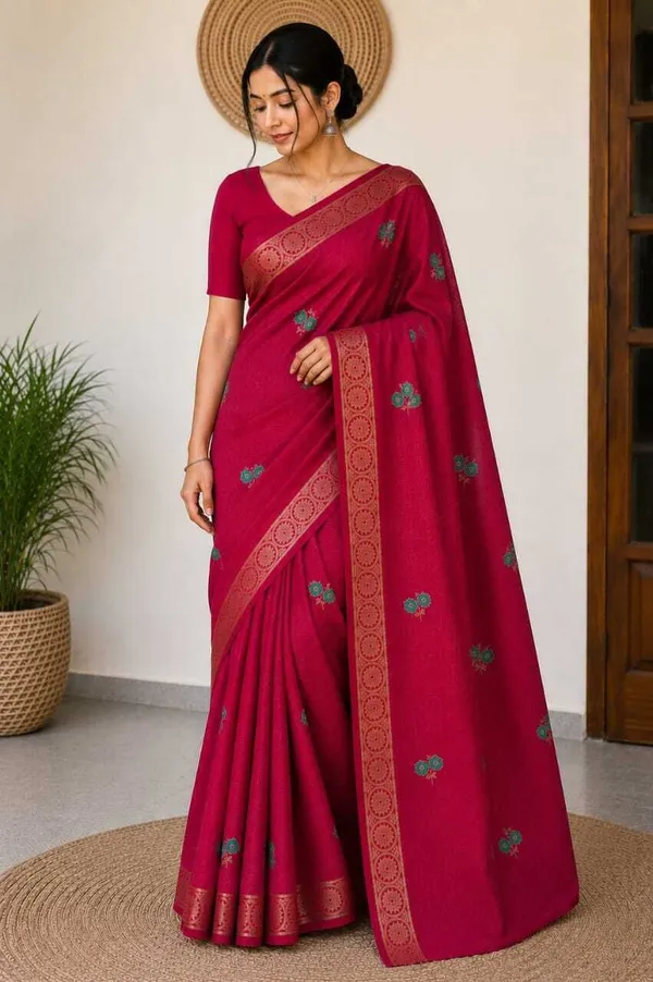Raamiva_Embroidered,_Woven_Daily_Wear_Pure_Cotton_Saree_(Red)