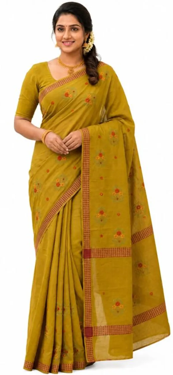 Mustard_Pure_Cotton_Floral_Embroidered_Saree_For_Women