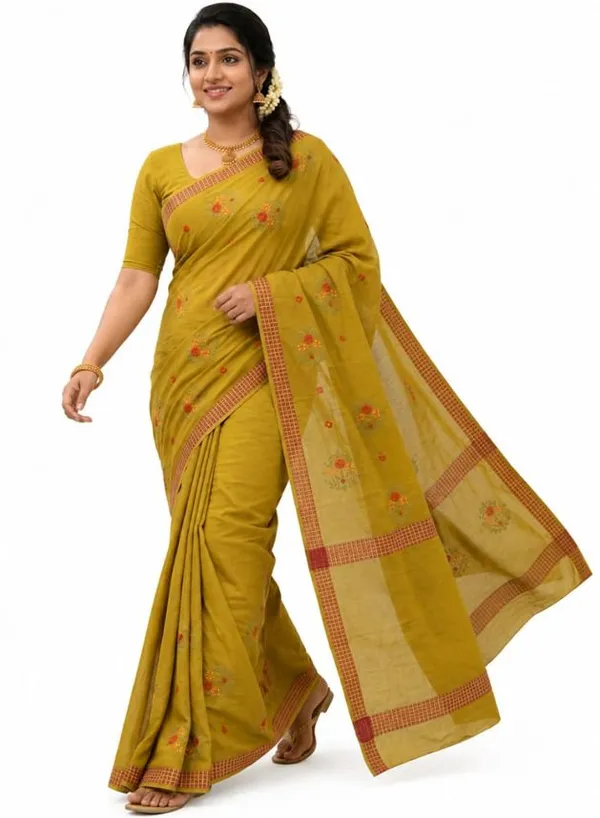 Mustard_Pure_Cotton_Floral_Embroidered_Saree_For_Women