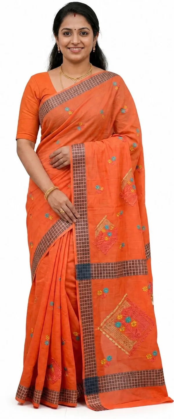 Orange_Pure_Cotton_Thread_Embroidery_Saree_For_Women