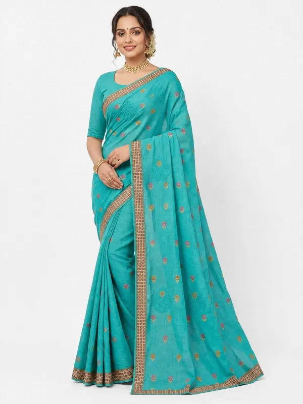 Light_Blue_Pure_Cotton_Thread_Embroidery_Woven_Border_Saree_For_Women