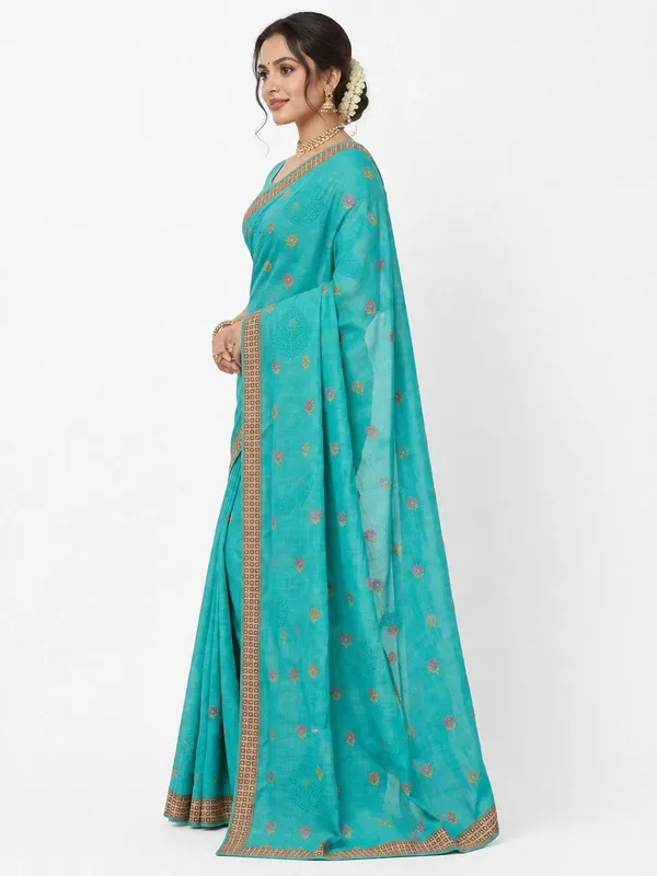 Light_Blue_Pure_Cotton_Thread_Embroidery_Woven_Border_Saree_For_Women