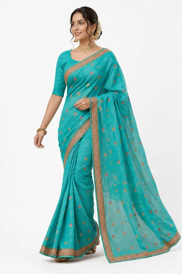 Light_Blue_Pure_Cotton_Thread_Embroidery_Woven_Border_Saree_For_Women