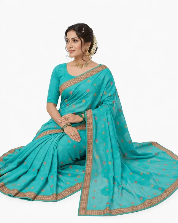 Light_Blue_Pure_Cotton_Thread_Embroidery_Woven_Border_Saree_For_Women