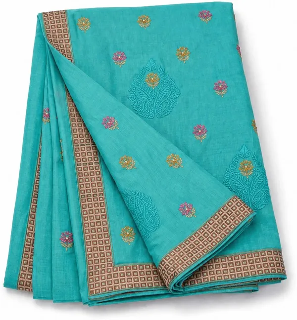 Light_Blue_Pure_Cotton_Thread_Embroidery_Woven_Border_Saree_For_Women