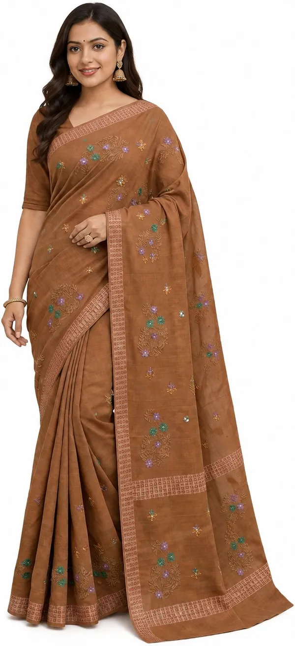 Brown_Pure_Cotton_Thread_Embroidery_Saree_For_Women