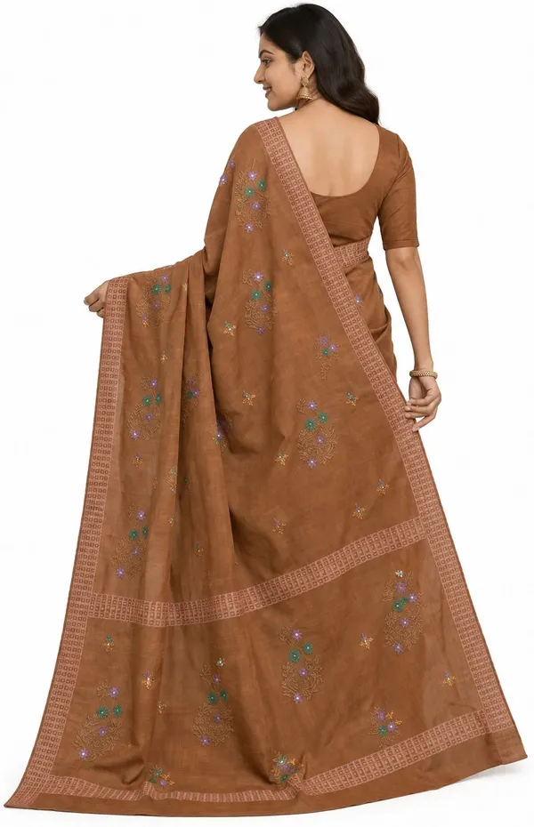 Brown_Pure_Cotton_Thread_Embroidery_Saree_For_Women