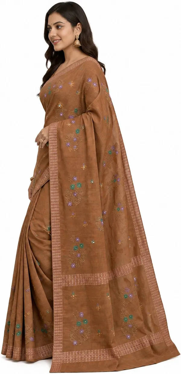 Brown_Pure_Cotton_Thread_Embroidery_Saree_For_Women