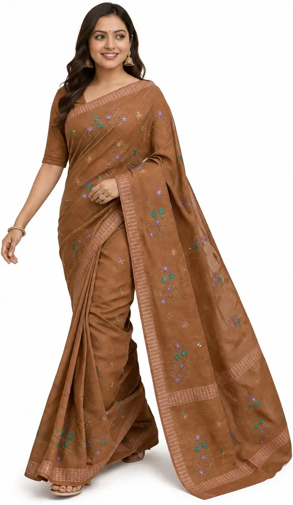 Brown_Pure_Cotton_Thread_Embroidery_Saree_For_Women