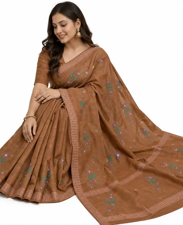 Brown_Pure_Cotton_Thread_Embroidery_Saree_For_Women