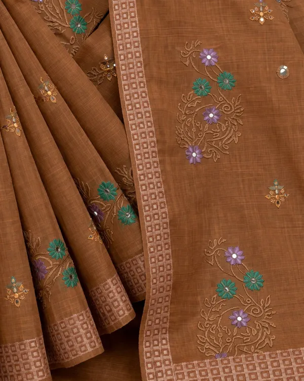 Brown_Pure_Cotton_Thread_Embroidery_Saree_For_Women