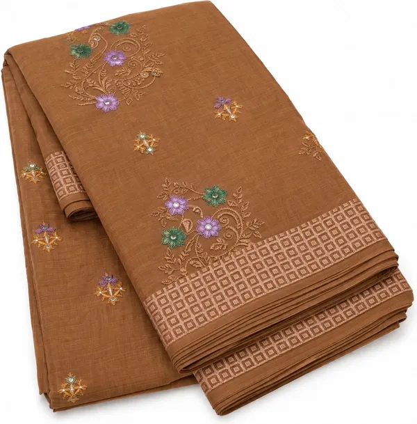 Brown_Pure_Cotton_Thread_Embroidery_Saree_For_Women