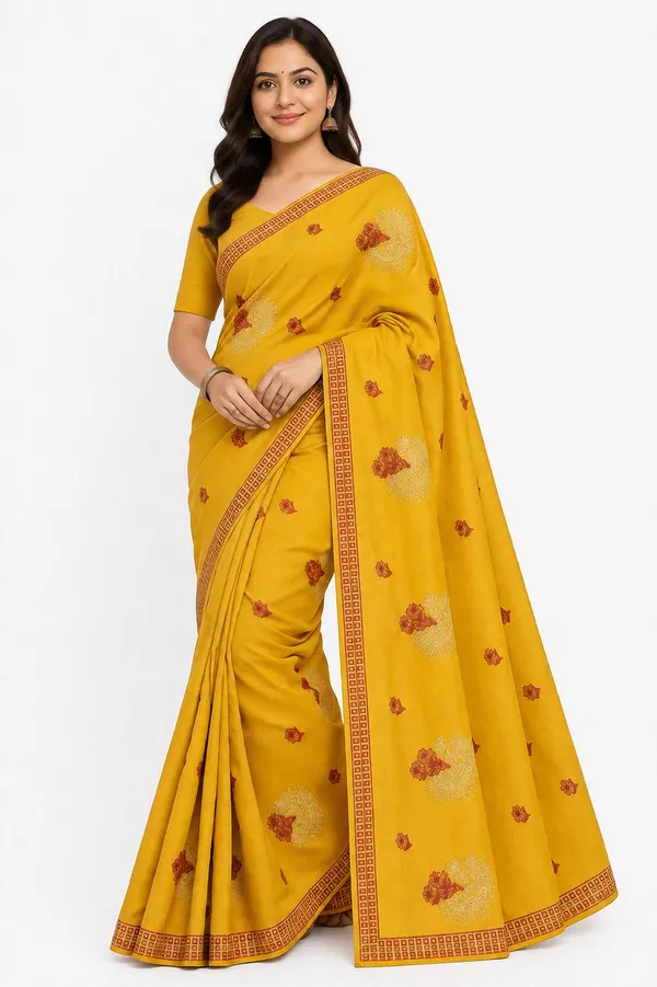 Yellow_Pure_Cotton_Thread_Embroidery_Woven_Border_Saree_For_Women