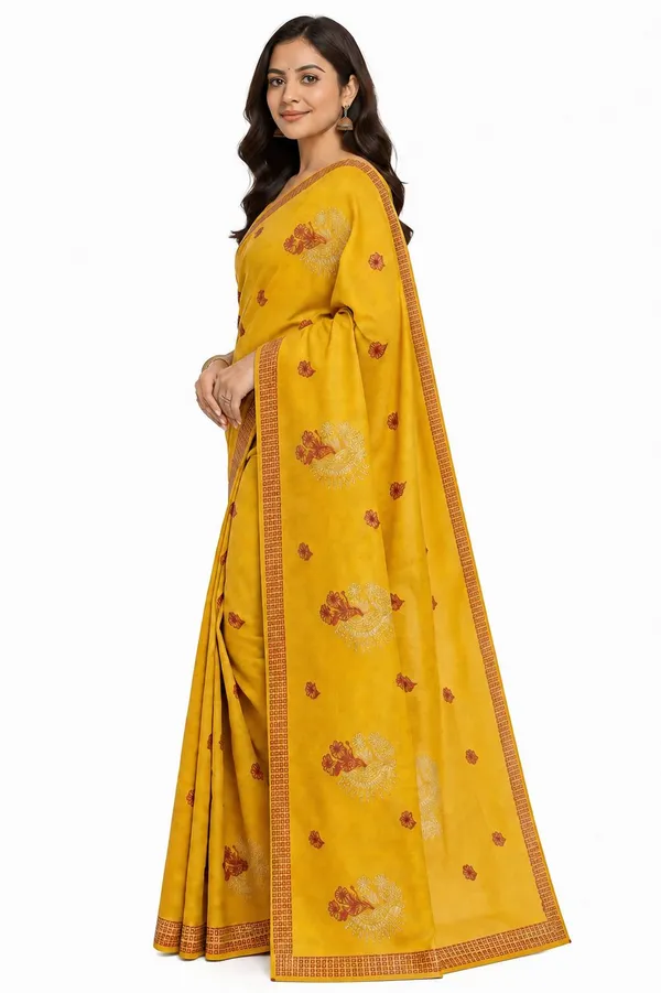 Yellow_Pure_Cotton_Thread_Embroidery_Woven_Border_Saree_For_Women