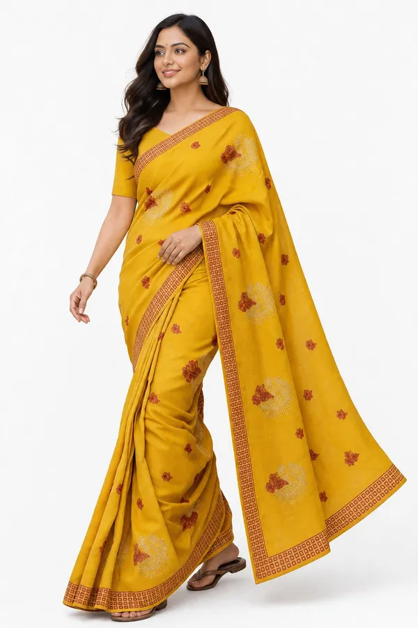 Yellow_Pure_Cotton_Thread_Embroidery_Woven_Border_Saree_For_Women