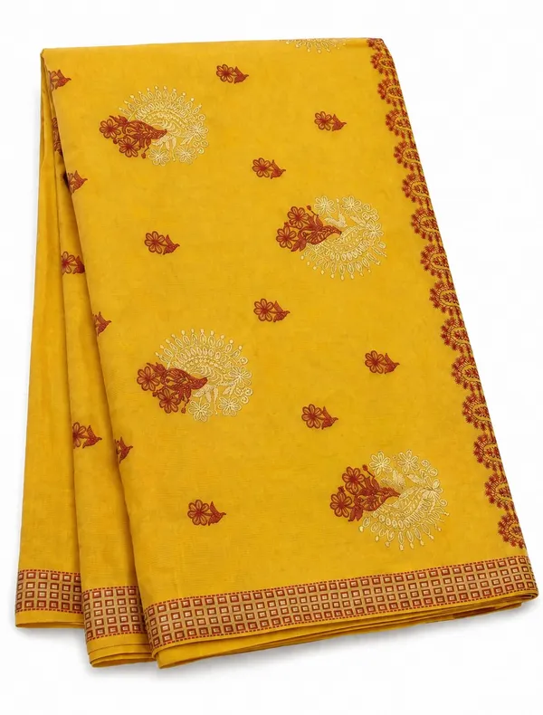 Yellow_Pure_Cotton_Thread_Embroidery_Woven_Border_Saree_For_Women