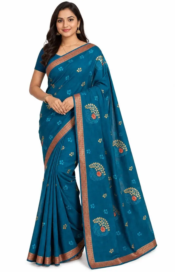 Blue_Pure_Cotton_Thread_Embroidery_Woven_Border_Saree_For_Women