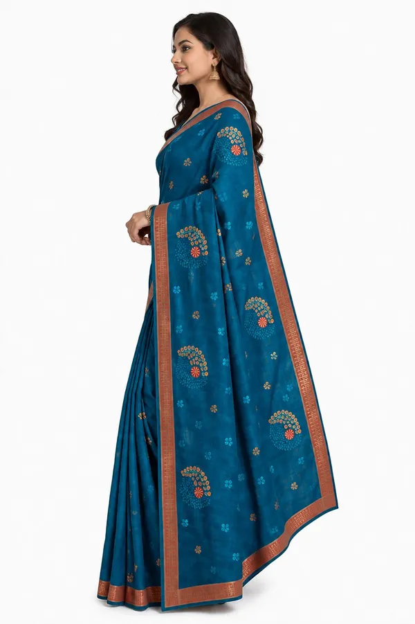 Blue_Pure_Cotton_Thread_Embroidery_Woven_Border_Saree_For_Women