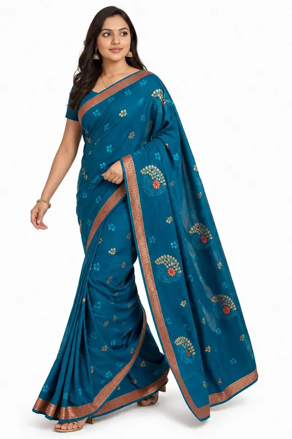 Blue_Pure_Cotton_Thread_Embroidery_Woven_Border_Saree_For_Women