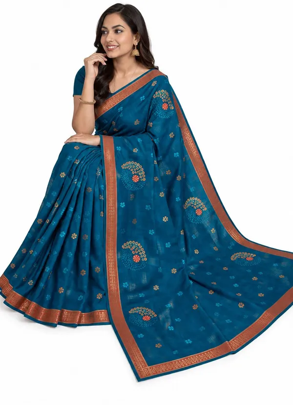 Blue_Pure_Cotton_Thread_Embroidery_Woven_Border_Saree_For_Women