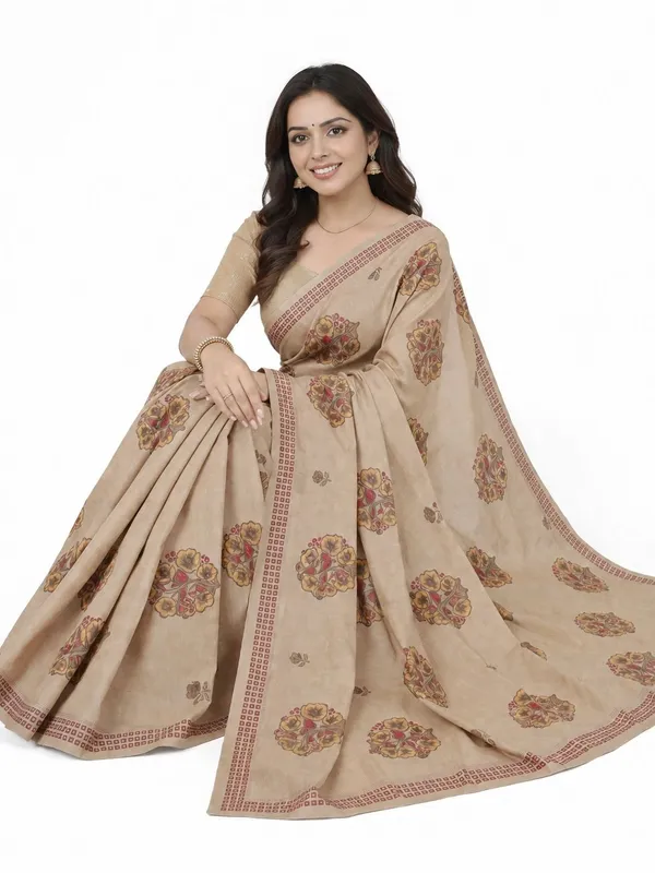 Beige_Pure_Cotton_Printed_Saree_For_Women