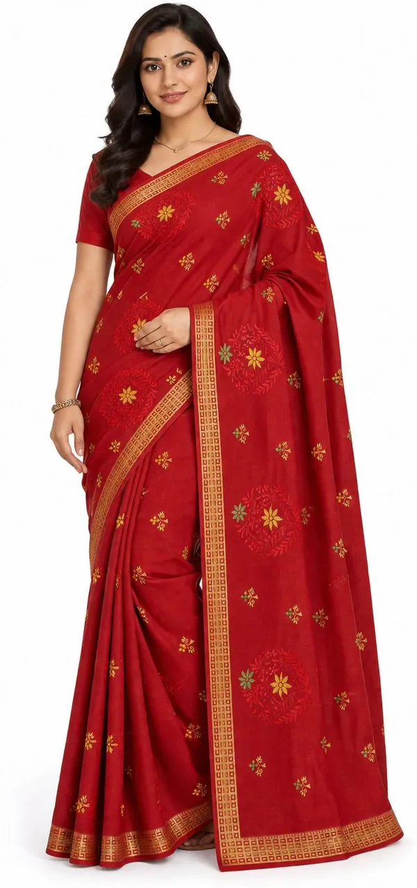 Red_Pure_Cotton_Thread_Embroidery_Woven_Border_Saree_For_Women