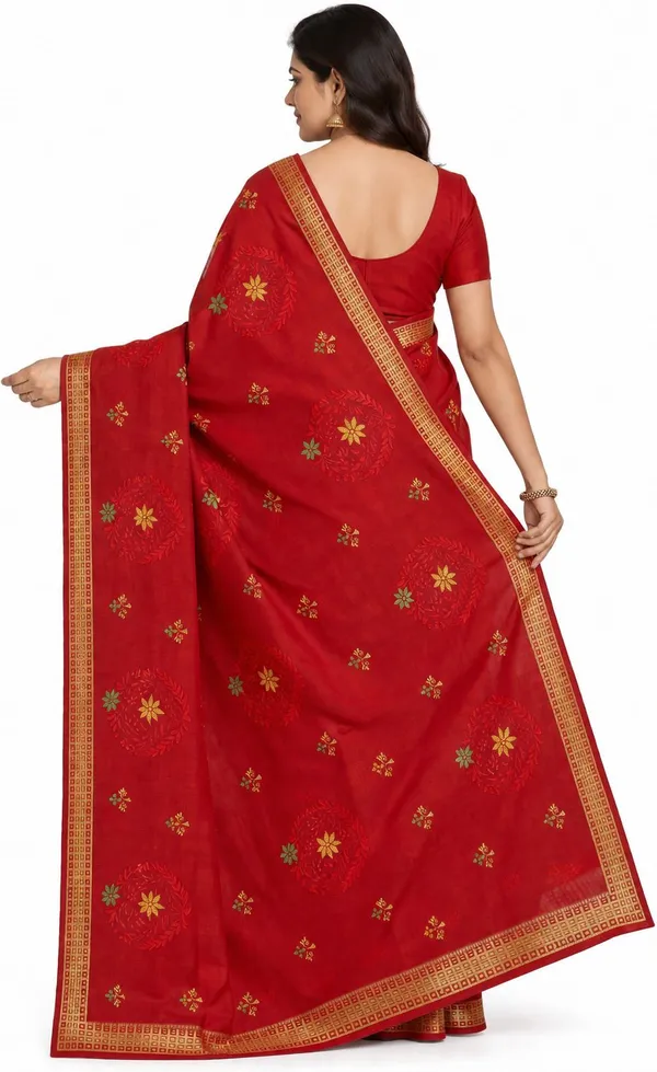 Red_Pure_Cotton_Thread_Embroidery_Woven_Border_Saree_For_Women