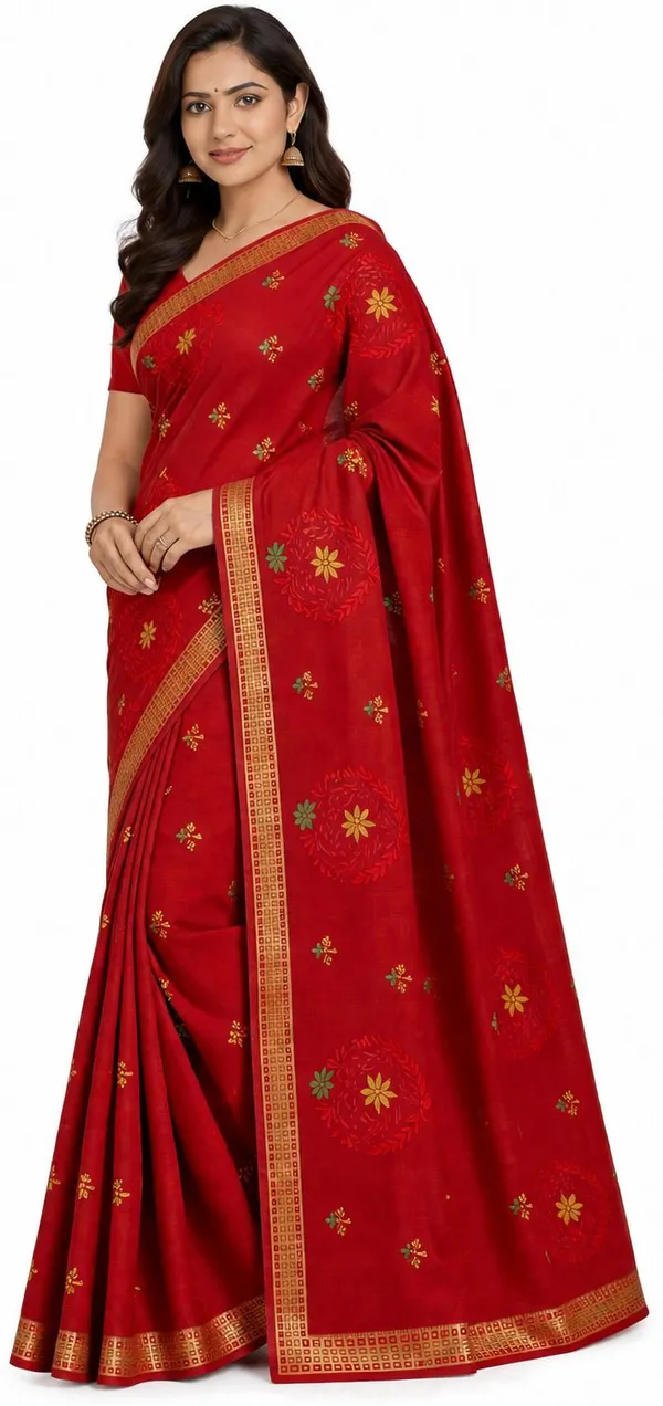 Red_Pure_Cotton_Thread_Embroidery_Woven_Border_Saree_For_Women