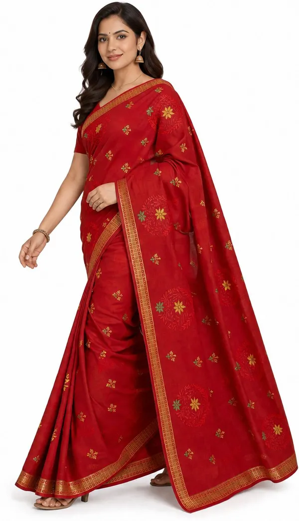 Red_Pure_Cotton_Thread_Embroidery_Woven_Border_Saree_For_Women