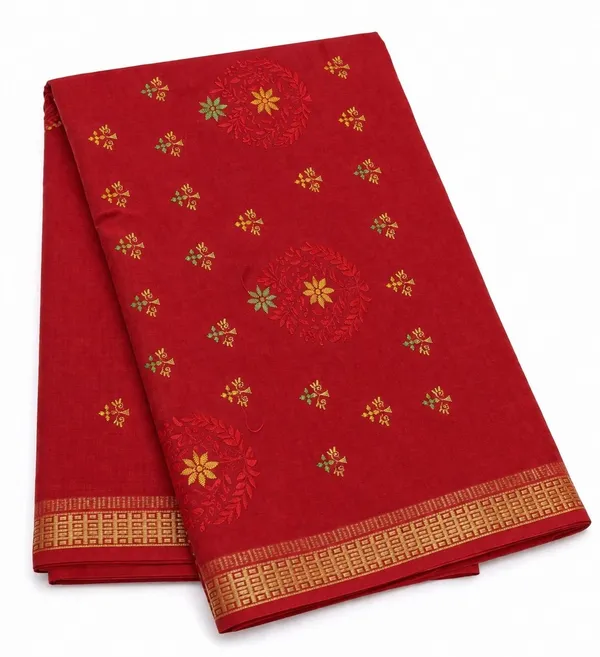 Red_Pure_Cotton_Thread_Embroidery_Woven_Border_Saree_For_Women