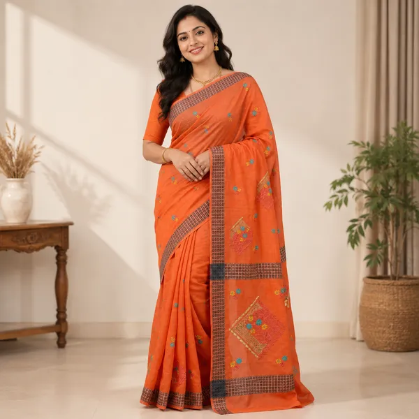Orange_Pure_Cotton_Thread_Embroidery_Saree_For_Women