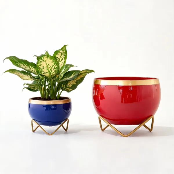 Royal_Blue_&_Ruby_Red_Glossy_Iron_Planter_Pot_Duo_with_Gold_Stand