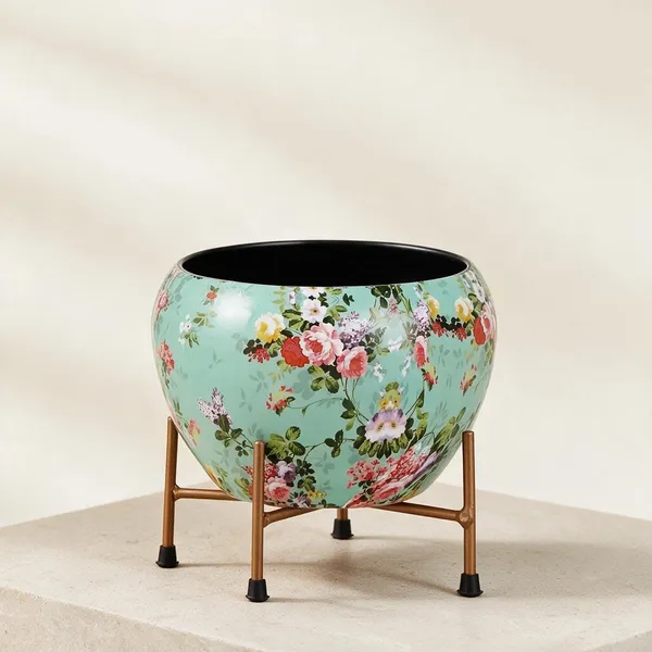 Ceramic_Modern_Printed_Green_Flower_Pot_With_Metal_Stand