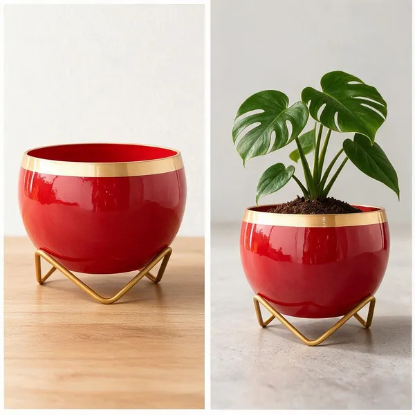 Iron_Modern_Glossy_Ruby_Red_Planter_Pot_With_Gold_Metal_Stand