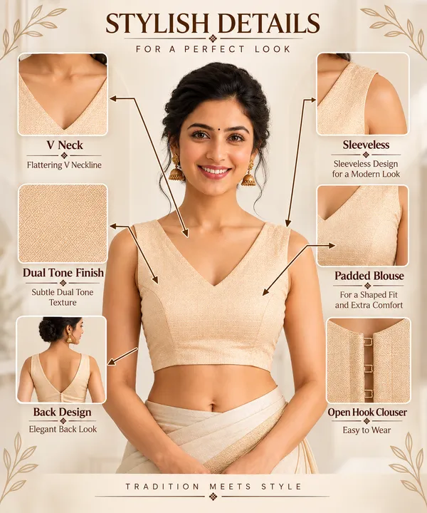 Beige_Art_Silk_Stylish_V-Neck_Sleeveless_Plain_Saree_Blouse_For_Women